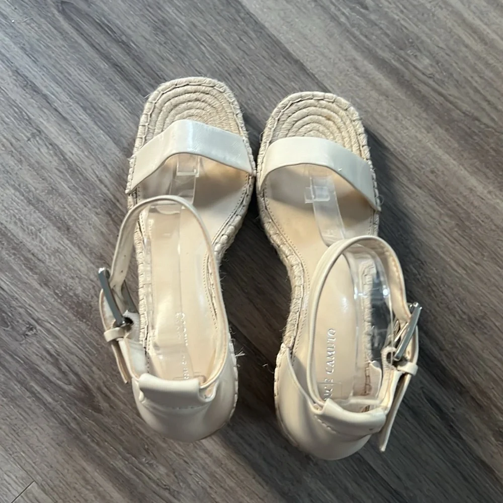 Vince Camuto Women’s Cream Strap   Wedge Espadrille Leather Sandals Size 10